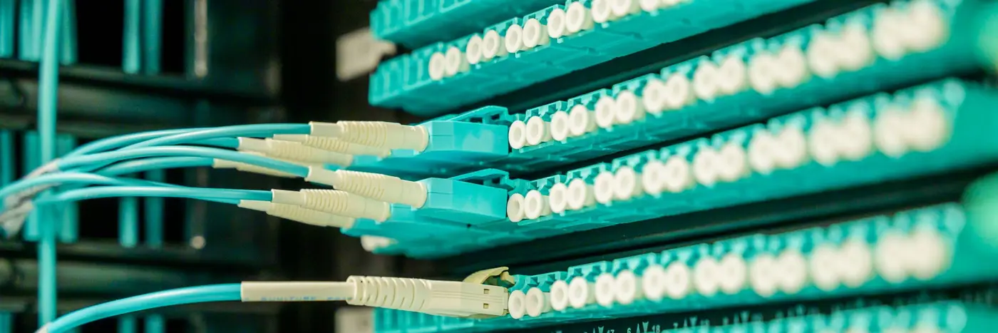 Fibre optic patch cords connected to a patch panel inside a rack.